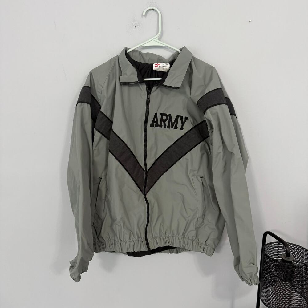 Vintage US ARMY PFU Gray Reflective Windbreaker Jacket PT Adult Size Large Reg